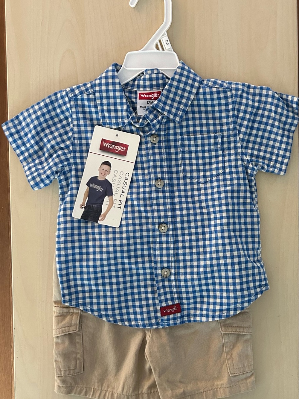 NWT Wrangler Toddler Blue Gingham Short-Sleeve Button-Up Shirt & Cargo Shorts